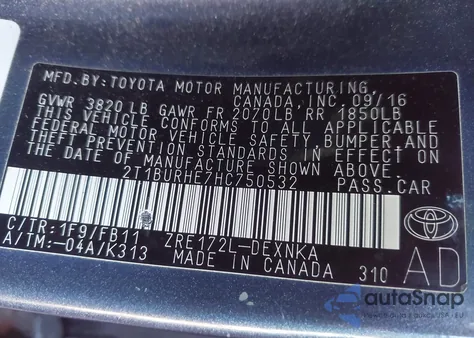 2017 Toyota Corolla Le z USA, uszkodzony, nr VIN 2T1BURHE7HC750532